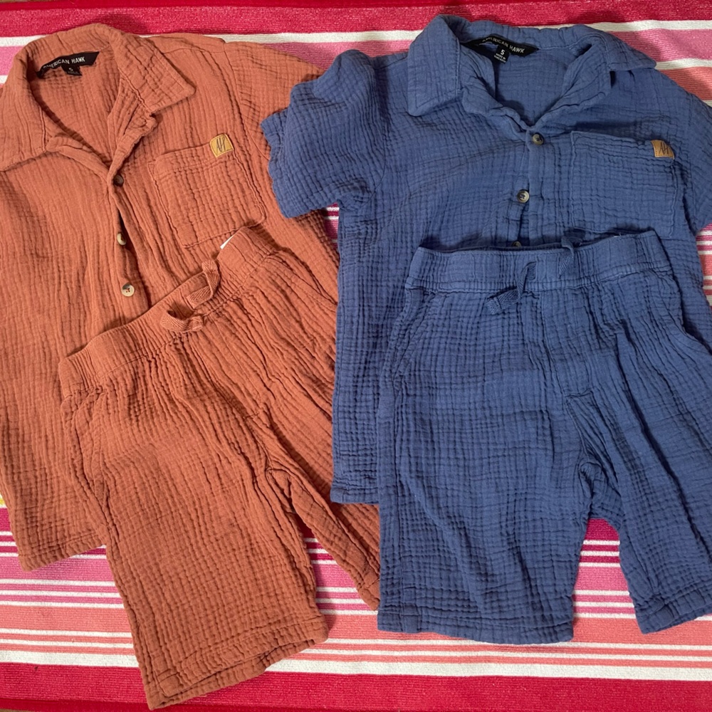Rust and Blue Textured Button-Up Sets